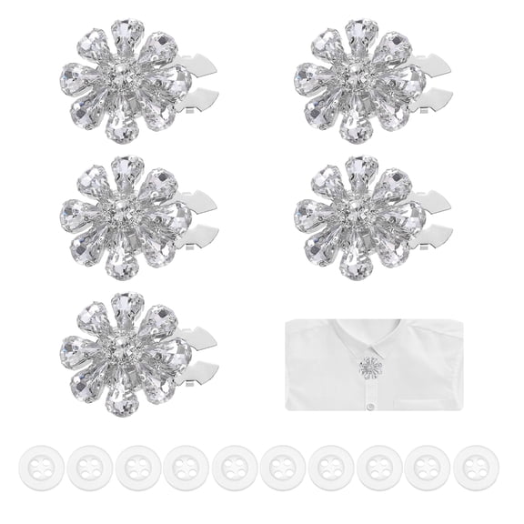 5 Pcs Rhinestone Button Covers Decorative Clips with 10 Pcs White Sewing Buttons Detachable Water Drop Sewing Replacement for Women Men DIY Crafts Accessories (White/Silver)