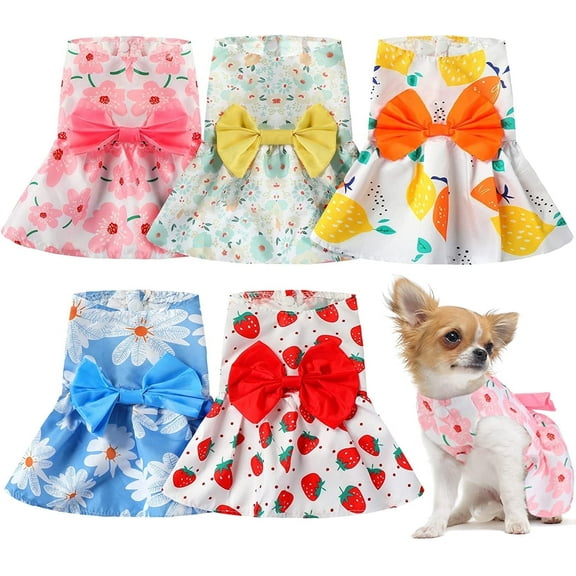 5 Pcs Riklu Dog Dresses for Small Dogs Girls, Floral Puppy Dress Princess Bowknot Summer Dress (M)