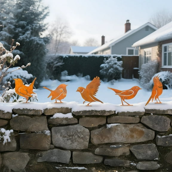 5 Pcs Rusty Metal Crow Sculptures Set, Realistic Black Iron Garden Art for Outdoor Yard Decor