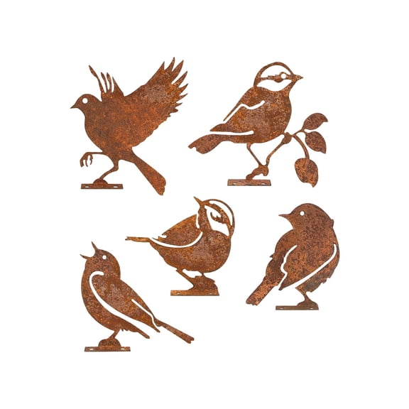 5 Pcs Rustys Metal Bird Silhouettes - Weathered Iron Fence Decor - Outdoor Garden Yard Art Sculptures - 6.10x5.12in Rustic Bird Toppers