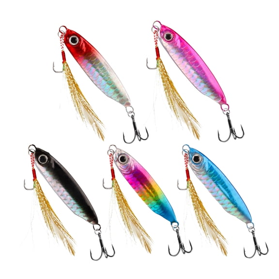 5 Pcs Saltwater Fishing Jigs, 2.4 in / 6 cm Streamlined Deep Sea Jigging Spoon Lures, Lifelike Fish Scale Pattern for Bass Snapper Tuna, Blue Silver