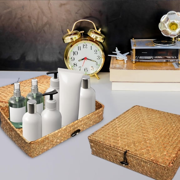 5 Pcs Seagrass Basket with Lid 5 Sizes Decorative Storage Boxes Rattan Wicker Storage Basket with Lids Woven Organizer Baskets Multipurpose Flat Storage Bins for Shelf Closet Bedroom (Brown)