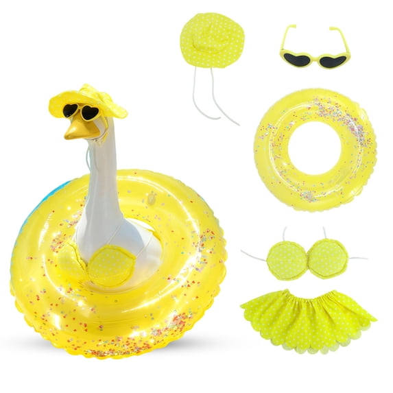 5 Pcs/Set Bikini Porch Goose Outfits with Sunglasses, 23 Inch Summer Bikini Costume with Swim Ring, Tropical Beach Pool Party Decor for Lawn Goose Statue (Polka Dot Yellow)
