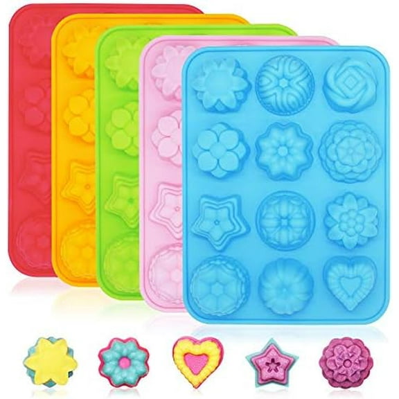 5 Pcs Silicone 3D Flower Shape Chocolate Candy Molds Set, 12 Cavity Non-Stick Food Grade Baking Molds, Ice Cube Trays for Wedding, Festival, Parties