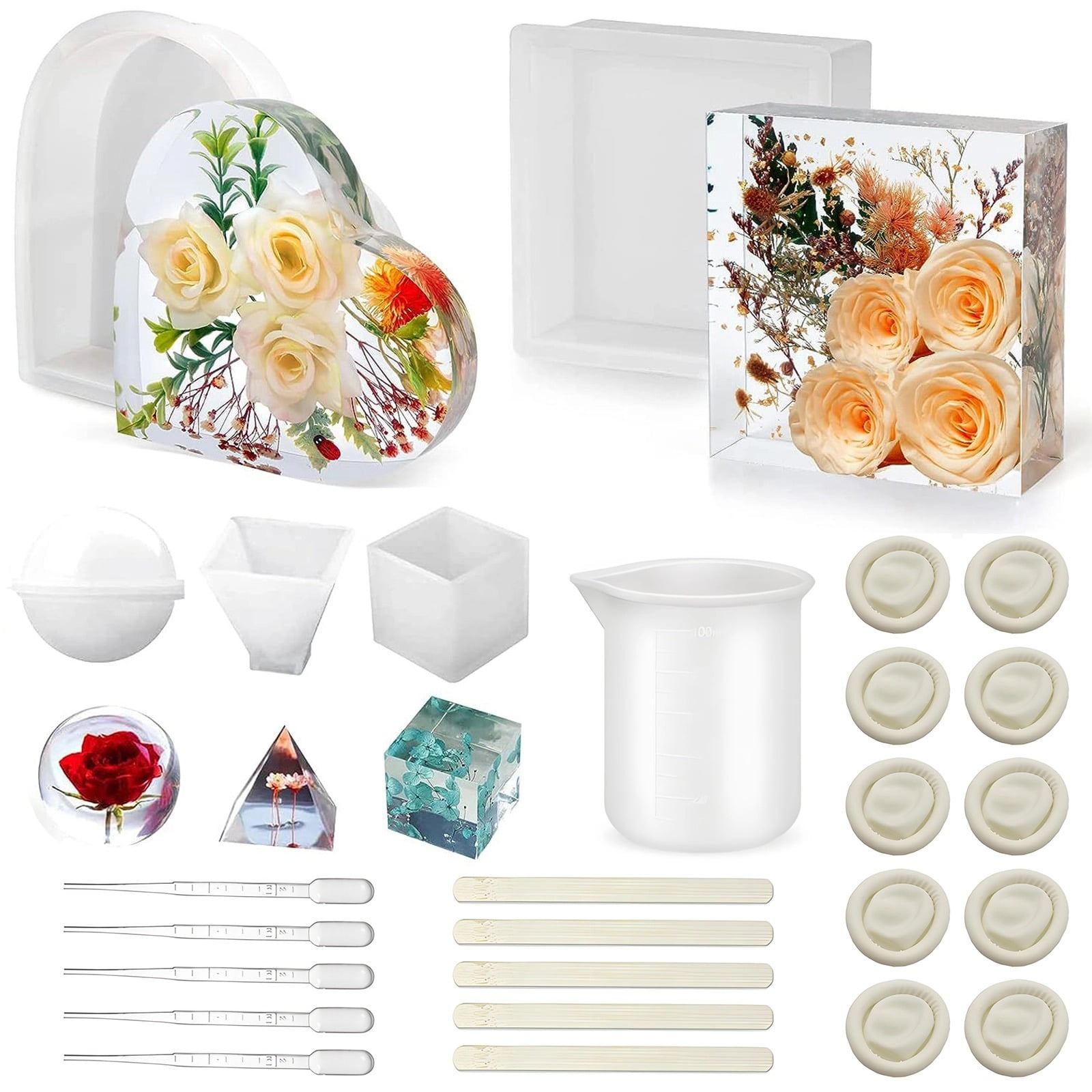 5 Pcs Silicone Resin Molds Kit, DIY Crystal Epoxy Molds with 21 Pcs Resin Accessories, Hexagon Heart Square Sphere, Creative Art Crafting for Unique Decorations