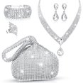 thumbnail image 1 of 5 Pcs Silver Clutch Purses for Women Evening Rhinestone Jewelry Set Bling Clutch Purse Bag Rhinestone Necklace Ring Bracelet Earring for Women Party Wedding Bride Jewelry, 1 of 8