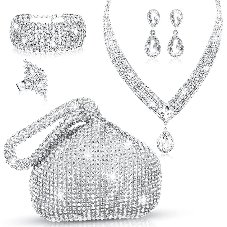 Silver Evening Clutch Purse & Rhinestone Jewelry Set for Women Weddings Proms Amazon.com: 4 Pieces Silver Clutch Purse Rhinestone Jewelry  main image 2