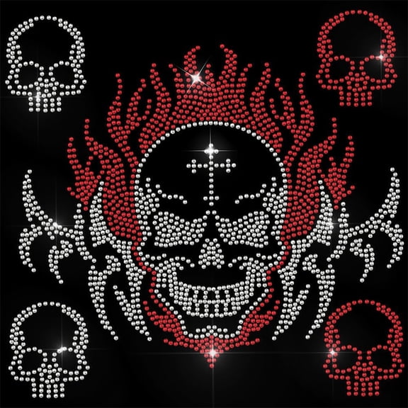 5 Pcs Skull and Fire Pattern Iron on Rhinestones Transfer Bling Crystal Clothing Repair Applique Heat Transfer Patches for T-Shirt Vest Shoes Hat Jacket Pants Bags Decor