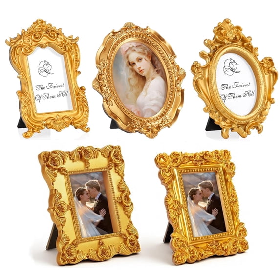 5 Pcs Small Vintage Picture Frames, Antique Ornate Mini Gold Frames Mini Baroque Oval Rectangle Resin Frame with Backing for Wedding, Party, Tabletop