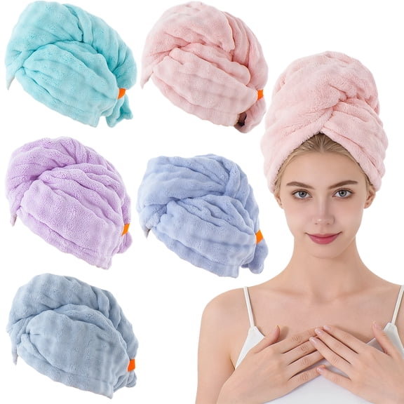 5 Pcs Soft Microfiber Hair Drying Towel Turban for Women Girls, Super Absorbent Quick Dry Hair Towel Wrap for Curly Long Thick Hair