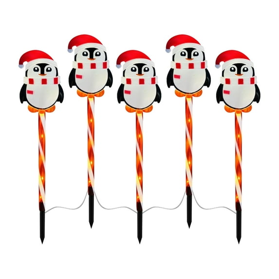5 Pcs Solar Powered Chritmas Penguin Floor Lamp, Outdoor Garden Candy Cane Stake Light Decoration For Courtyard, Lawn And Pathway
