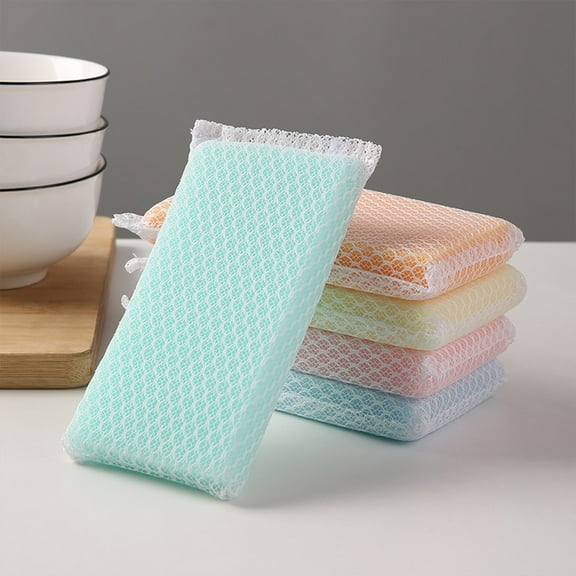 5 Pcs Sponge, Kitchen Dishwashing Sponge Multi-Purpose Mesh Net Scouring Pad, Odor-Free Sponge Wipes Suitable for Travel Apartments Household Cleaning