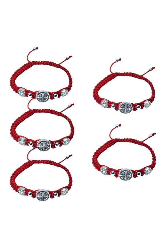 5 Pcs Saint Benedict Red Trinity Silver Tone Medal 8" Adjustable Rosary Bracelet
