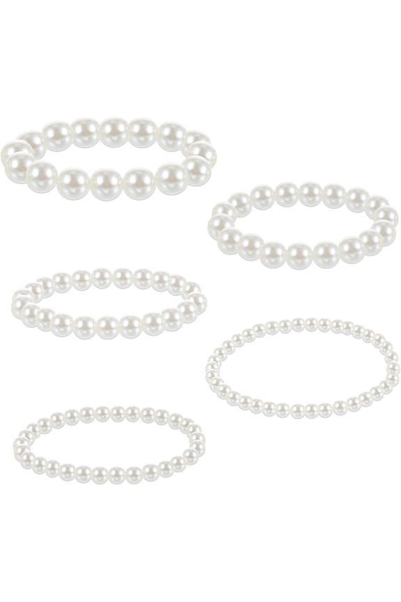 5 Pcs Stackable Pearl Bracelet Set For Women - Elastic Multi Layer Faux Stretch Wedding Bridal Party Jewelry For Bridesmaids, Prom - Lady Gift