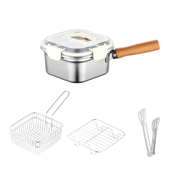 5 Pcs Stainless Steel Deep Fryer Set, Portable Outdoor Cooking Pot with Frying Basket, White Lid, Food Clip, Steaming Rack, Multi-Functional Food Container, 7.6 x 7.6 x 3.9 in / 19.3 x 19.3 x 10 cm