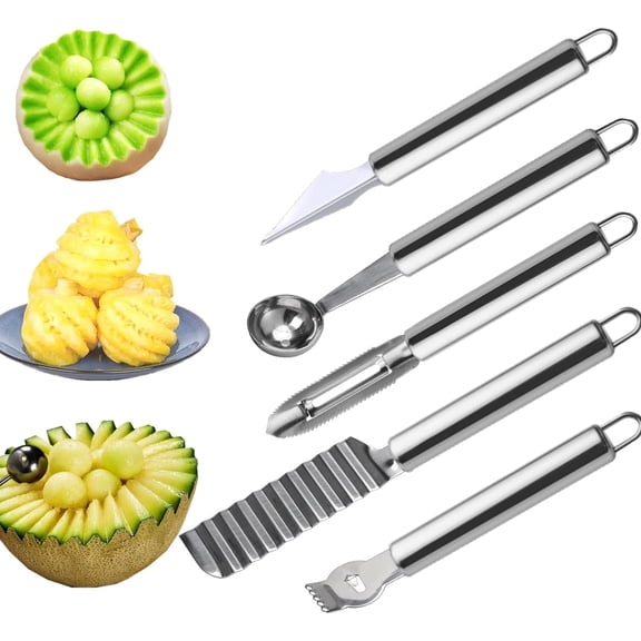 5 Pcs Stainless Steel Fruit Carving Knife Set, Kitchen Fruit Carving Knife, Watermelon and Ice Cream Scoop, 2-in-1 Dig Pulp Separator Fruit Peeling Tool, Crinkle Knife and Lemon Zester Grater