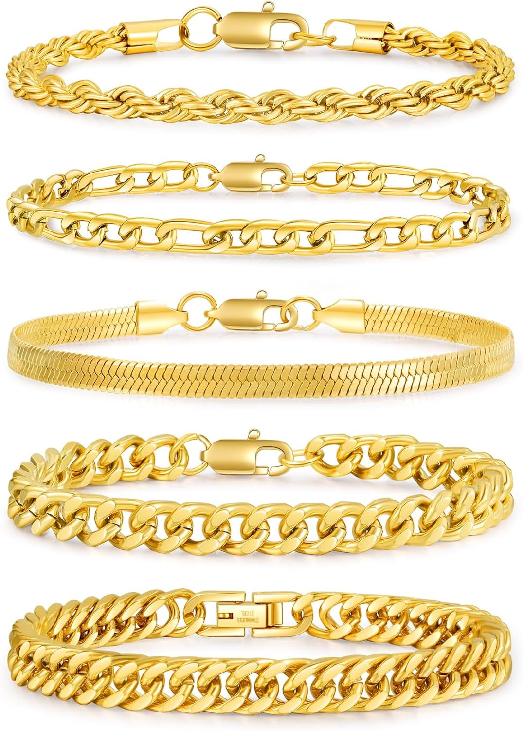 5 Pcs Stainless Steel Mens Chain Bracelet - Sturdy Curb Width