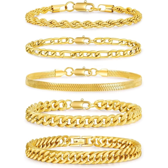 5 Pcs Stainless Steel Mens Chain Bracelet - Sturdy Curb Width Silver Rope Figaro Snake Cuban Link Chain Bracelet Set Stack Chain Bracelet for Men Women 6.5/7.5/8.3/9 Inches