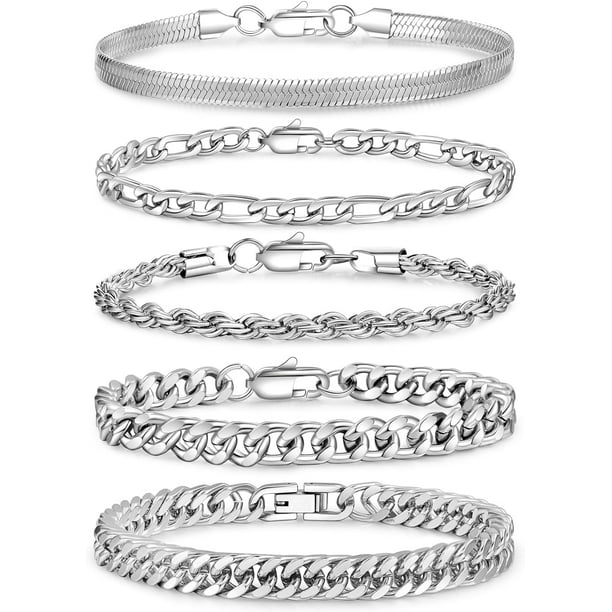 5 Pcs Stainless Steel Mens Chain Bracelet - Sturdy Curb Width