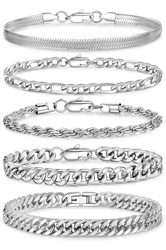 5 Pcs Stainless Steel Mens Chain Bracelet - Sturdy Curb Width Silver Rope Figaro Snake Cuban Link Chain Bracelet Set Stack Chain Bracelet for Men Women 6.5/7.5/8.3/9 Inches