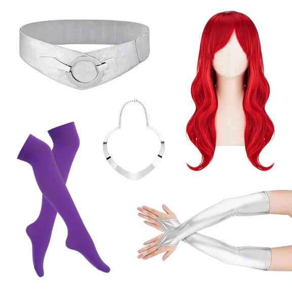 5 Pcs Star Inspired Purple Princess Costume Accessories Set Red Wig Purple Stockings Silver Belt Gloves Choker for Halloween