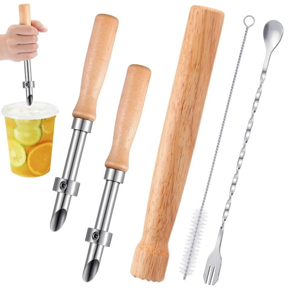 5 Pcs Straw Hole Puncher Set for Plastic Lids, Stainless Steel Drink Preparation Tool, Wooden Handle, Includes Stirrer and Cleaning Brush for Home Bars, Lemonade Stands