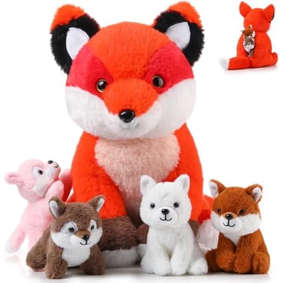 5 Pcs Stuffed Animal Bulk 1 Mommy Plush with 4 Cute Babies Plush Wild Stuffed Animal Toy for Boys Girls Birders Zoo Gifts(Fox)