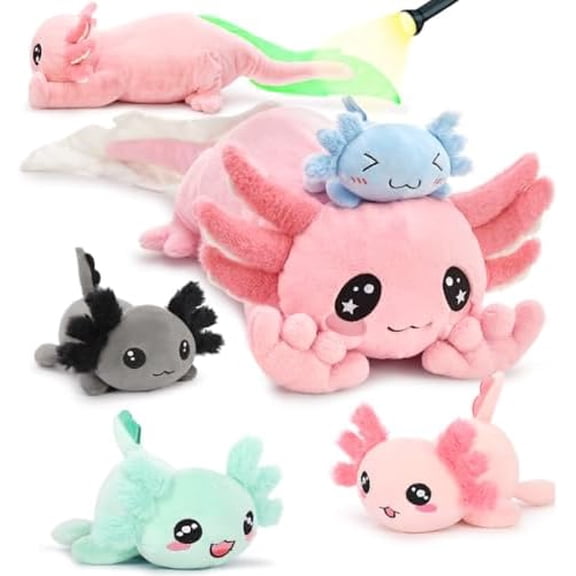 5 Pcs Stuffed Animals with 4 Babies Inside Belly, Glow in The Dark Plush Toys Cute Kawaii Pink Stuffed Salamander for Girls Kids Halloween Christmas Valentine's Day Gift