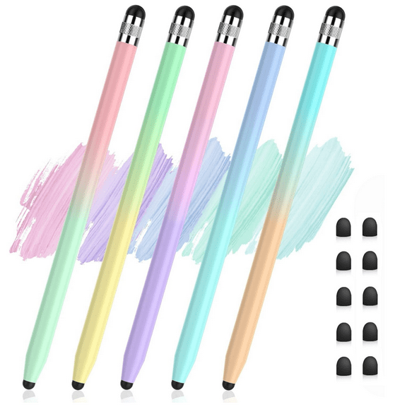 5 Pcs Stylus Pen, 2-in-1 Stylus Pen with 10 Pcs 5mm Rubber Tips, No Charging, No Bluetooth Connection Required, Compatible with iPad, iPhone, Samsung Android Tablet