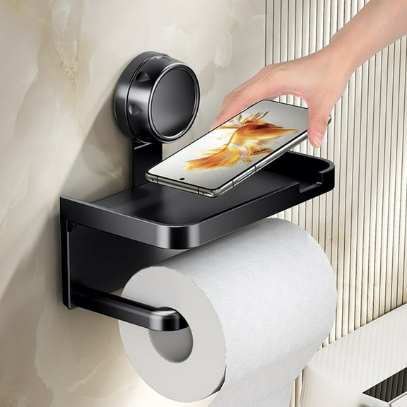 5 Pcs Suction Cup Paper Towel Holder With Shelf - Wall Mount Organizer for Bathroom & Kitchen - Tissue Roll Hanger(Black)