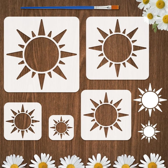 5 Pcs Sun Stencils with a Brush 5 Sizes Sun Painting Stencil Reusable PET Autumn Suns Home Template Fantasy Theme Decoration Template