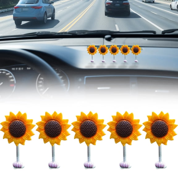 5 Pcs Sunflower Car Dashboard Decorations, Cute Dancing Sun Flowers Decor Creative Rocking Ornaments, Mini Shaking Head Sunflowers Decoration for Car Interior & Home Office Desk, no Leaves