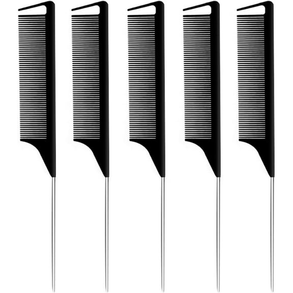 5 Pcs Tail Combs, Hair Comb with Metal Rat Tail and Fine Tooth Comb, Barber Comb for Women, Black