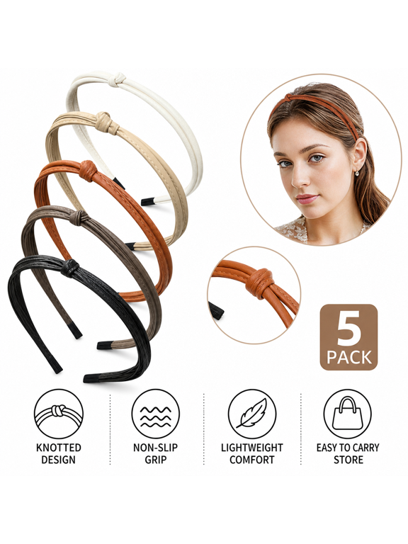 5 Pcs Thin Leather Headbands - Women's Knotted Fashion Loop Hair Accessories - Non Slip Black & Brown
