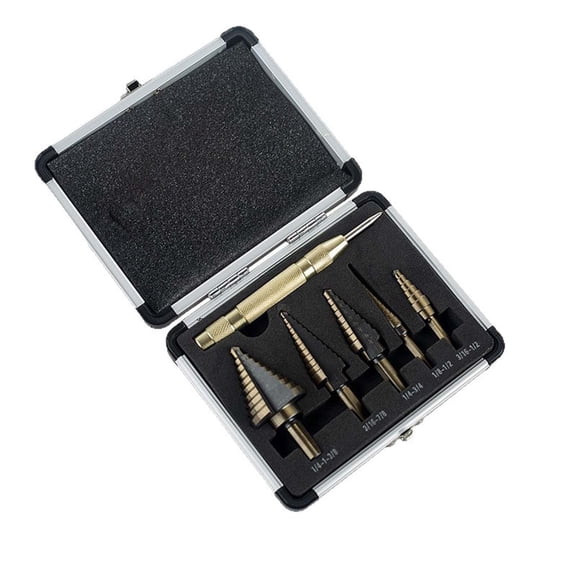 5 Pcs Titanium Step Drill Bit Set, 50 Sizes Steel Step Bits for Metal with Aluminum Case, High Speed Steel, Split Point Tip