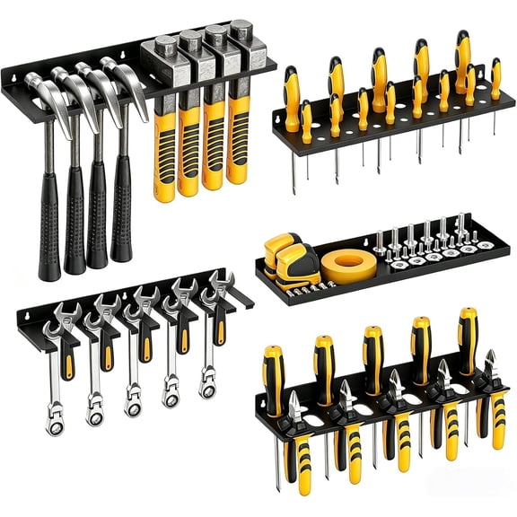 5 Pcs Tool Organizers Wall Mount, Heavy Duty Metal Screwdriver Organizer, Plier Organizer, Hammer Holder, Wrench Holder, Power Tool Storage Racks for Garage, Workshop, Shed