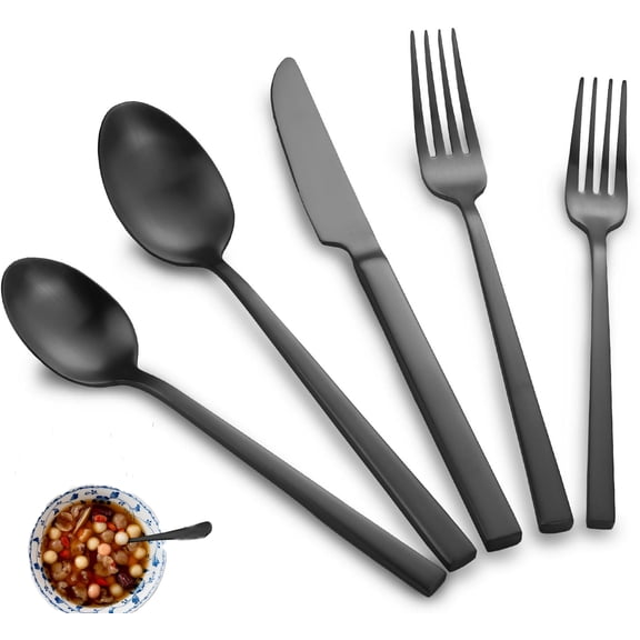 5 Pcs Tutuviw Black Forged Silverware Set Food Grade Stainless Steel Flatware Set,Everyday Flatware Set, Matte Satin Polished Cutlery Set, Dishwasher Safe