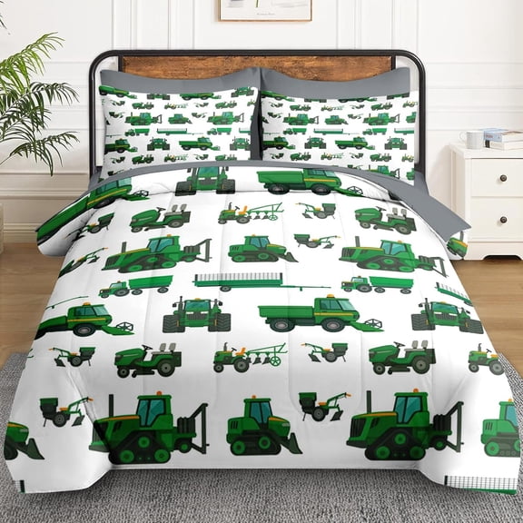 5 Pcs Twin Size Comforter Set with Pillowcase & Sham, Green Tractor Vehicle Bedding Set for Kids and Adults, Yellow Summer Farm Bed in a Bag with Flat Fitted Sheet