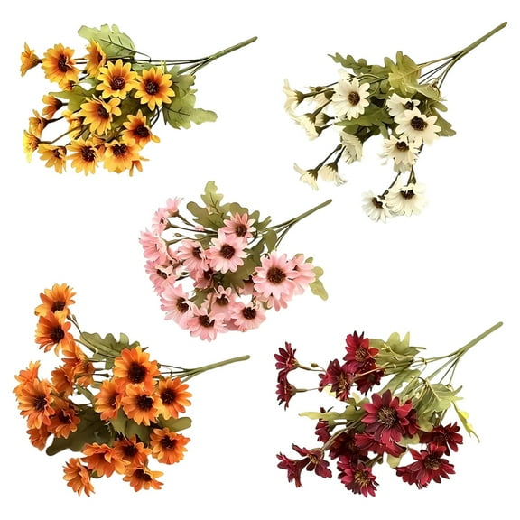 5 Pcs UV Resistant Artificial Mums for Outdoors, Realistic Fall Flowers in Pots Waterproof Windproof Sunset Orange, All Season Garden Decor for Yard Patio Home Wedding