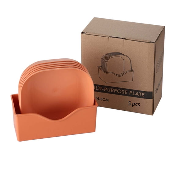 5 Pcs Unbreakable Dinner Plates Set, Reusable Table Dish with Storage Rack, Plastic Dining Plate Set, Stackable Food Serving Dish, Lightweight Square Tray for Home, Camping, and Picnic,Orange