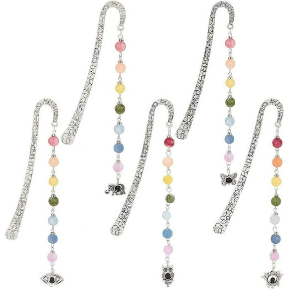 5 Pcs Unique Chakra Beading Bookmarks Antique Silver Alloy with Frosted Natural Gemstone Beaded Pendant Vintage Metal Book Markers