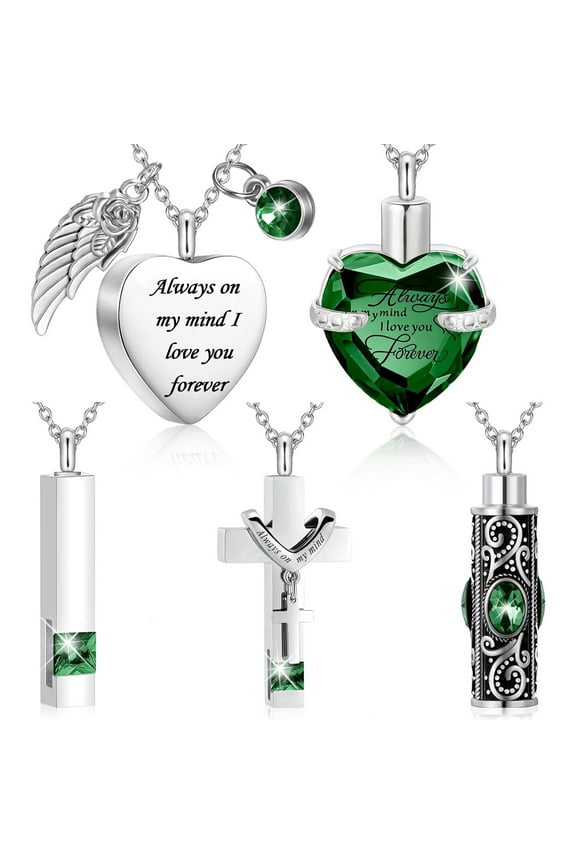 5 Pcs Urn Necklace for Ashes Keepsake Cremation Heart Cross Cubic Jewelry for Ashes Stainless Steel Memorial Locket Ashes Keepsake Necklace for Women Men Loved Ones, 5 Styles
