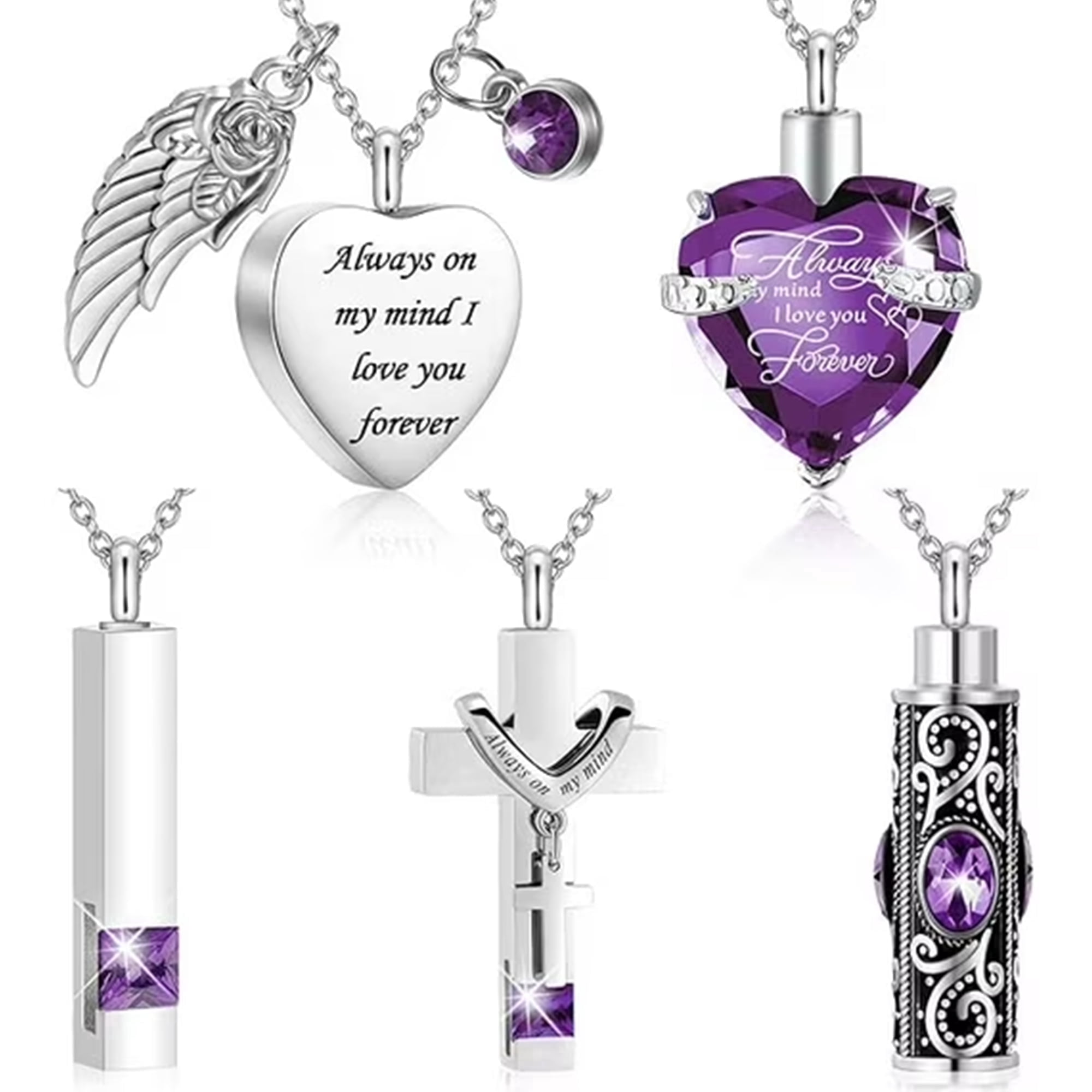 5 Pcs Urn Necklace for Ashes Keepsake Cremation Heart Cross Cubic Jewelry for Ashes Stainless Steel Memorial Locket Ashes Keepsake Necklace for Women Men Loved Ones, 5 Styles