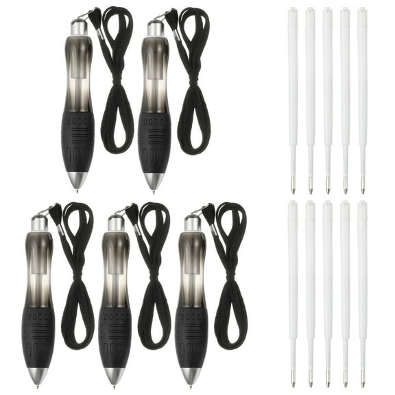 5 Pcs Uxcell Big Fat Pens, Black Heavy Weighted Ballpoint Pen Retractable Wide Grip Thick Pen with Strap for Hand Tremors Elderly Handicap(10 Blue Refills)