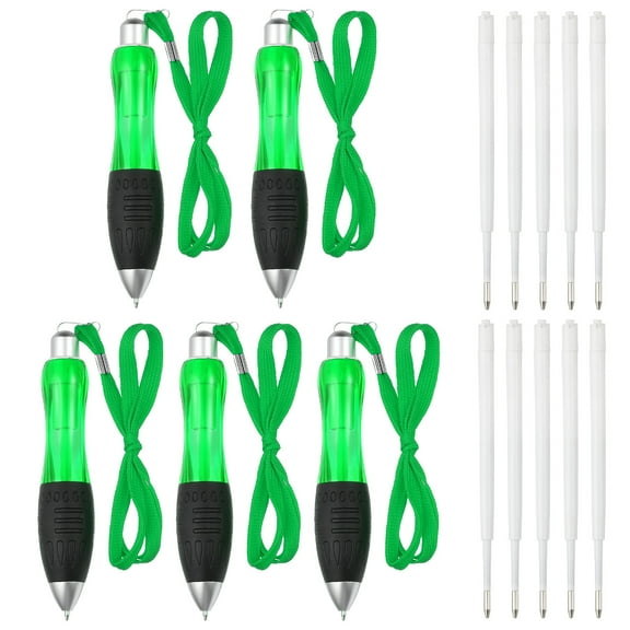 5 Pcs Uxcell Big Fat Pens, Green Heavy Weighted Ballpoint Pen Retractable Wide Grip Thick Pen with Strap for Hand Tremors Elderly Handicap(10 Blue Refills)