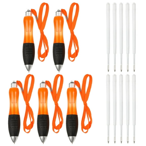5 Pcs Uxcell Big Fat Pens, Orange Heavy Weighted Ballpoint Pen Retractable Wide Grip Thick Pen with Strap for Hand Tremors Elderly Handicap(10 Black Refills)