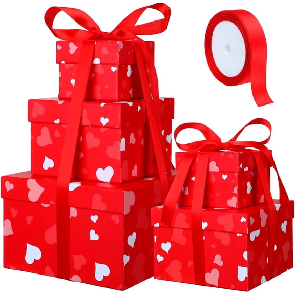 5 Pcs Valentine's Day Gift Boxes Square Nesting Boxes with Lids Square Box 5 Assorted Sizes Stackable Gift Box for Valentine's Day Wedding Party Present Packaging