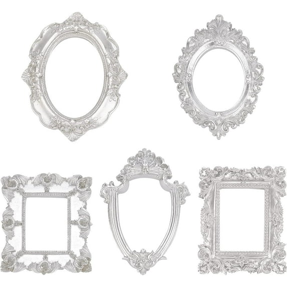 5 Pcs Vintage Resin Picture Frame (5 Different Shapes Sizes) Resin Sliver Flower Frame Tabletop Jewelry Display Frame for Pictures Embossed Photo Props Wall Decor Accessories Silver