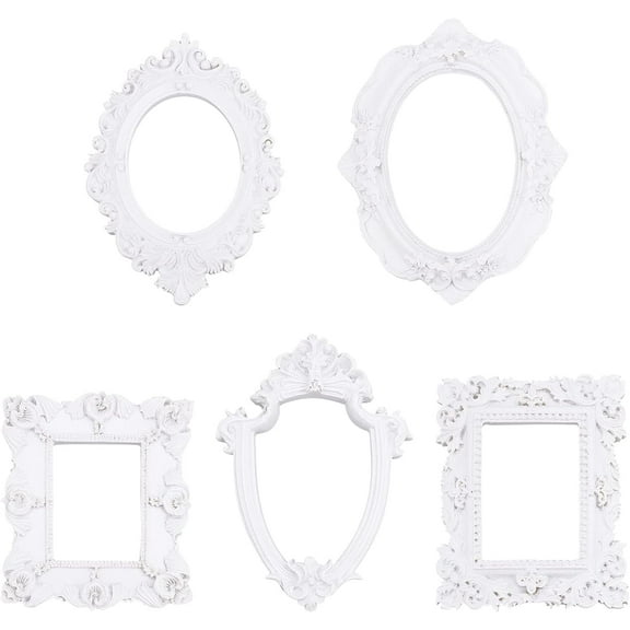 5 Pcs Vintage Resin Picture Frame (5 Different Style Sizes) Retro White Flower Oval Rectangle Frame without Glass Tabletop Jewelry Display Frame for Photography Home Christmas Decor White