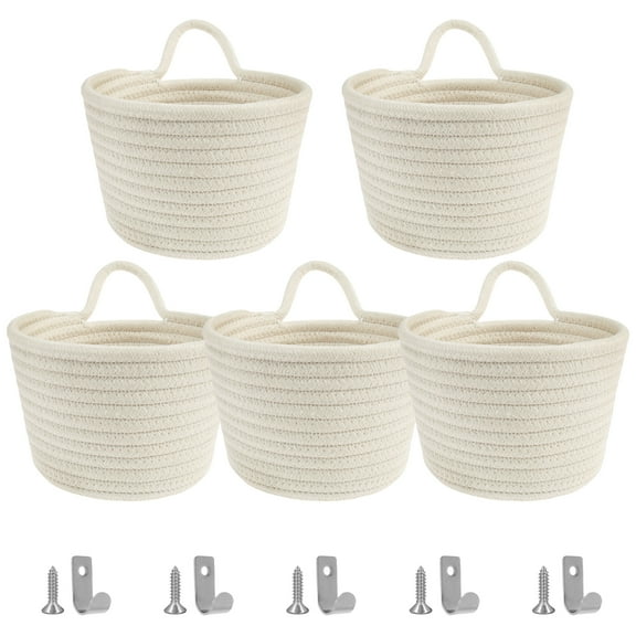 5 Pcs Wall Hanging Baskets with Hooks Soft Breathable Woven Storage Baskets Decorative Cotton Rope Baskets Practical Small Hanging Baskets for Kitchen Bathroom Bedroom